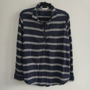 Beach Lunch Lounge Striped Blue White Lace Up Blouse Size L